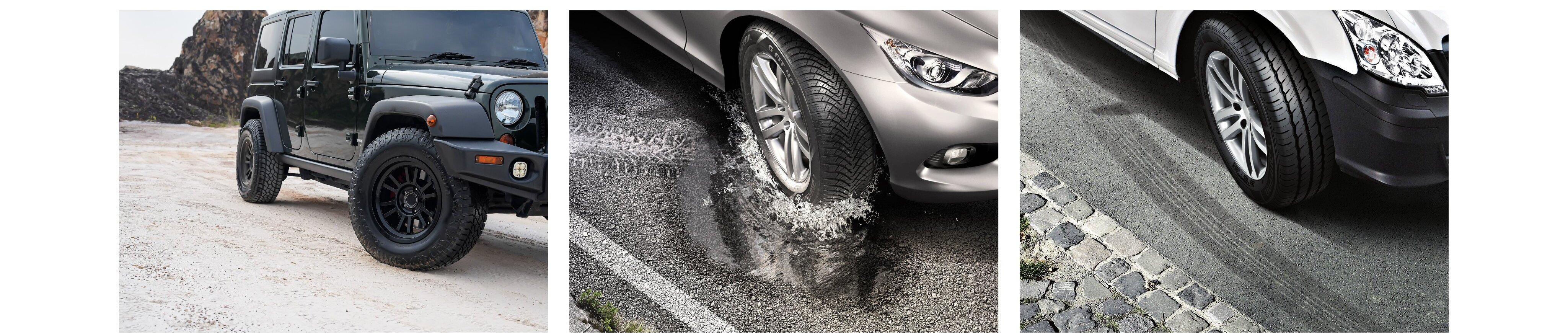 Laufenn tires on Jeep, sedan in wet conditions, and SUV on cobblestones