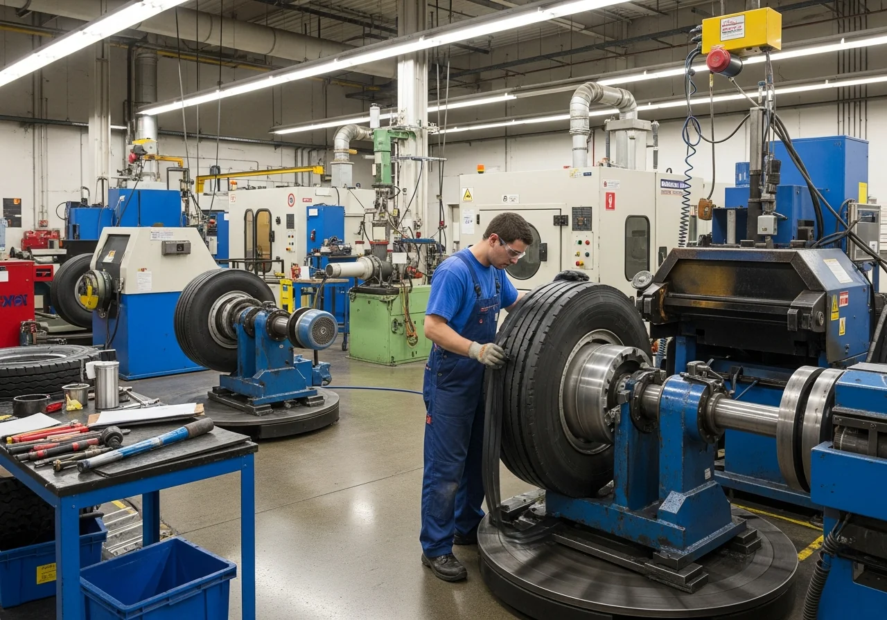 Commercial truck tires being retreaded in a facility