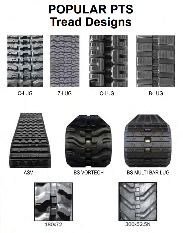 Popular PTS tread designs including Q-Lug, Z-Lug, C-Lug, B-Lug, ASV, BS Vortech, and Multi Bar Lug
